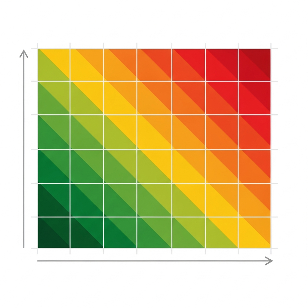 A 5x5 risk assessment matrix grid showing a green-amber-red colour gradient, with likelihood increasing from left to right and severity increasing from bottom to top.